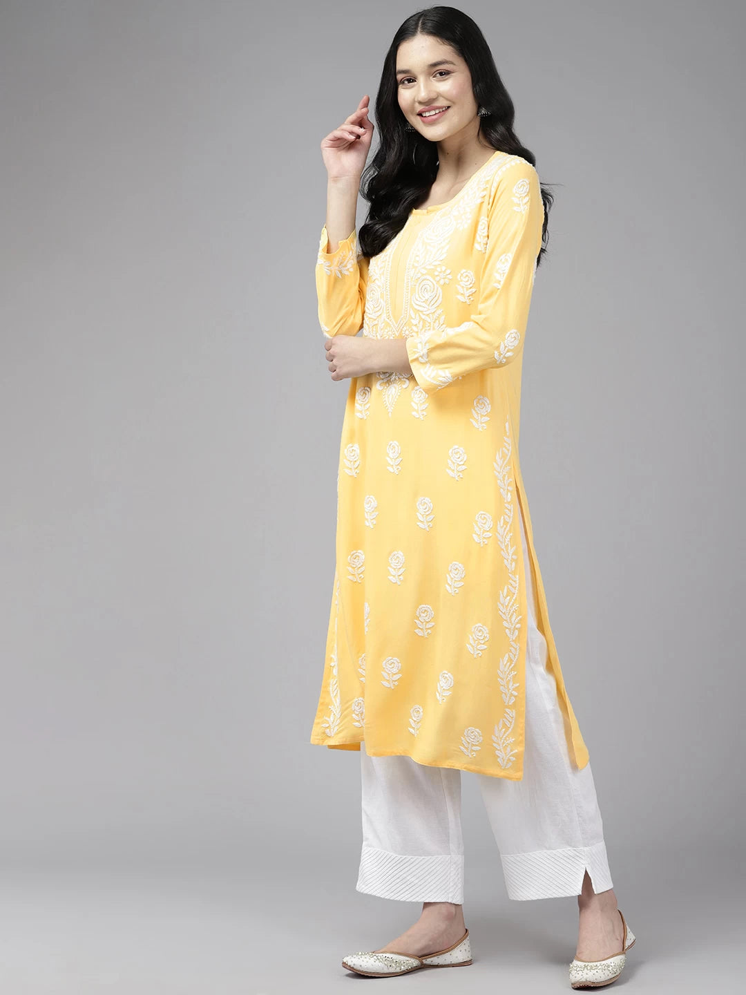 Elegant Yellow Rayon Chikankari Kurta with Hand-Embroidered Rose Motifs