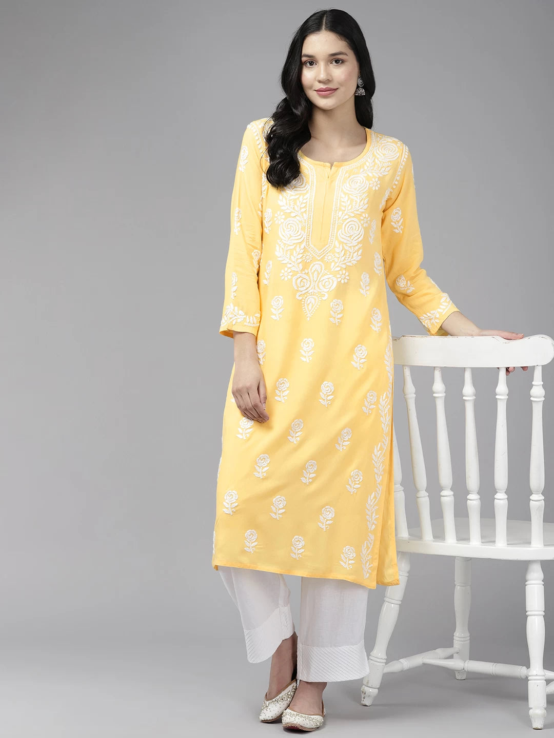 Elegant Yellow Rayon Chikankari Kurta with Hand-Embroidered Rose Motifs