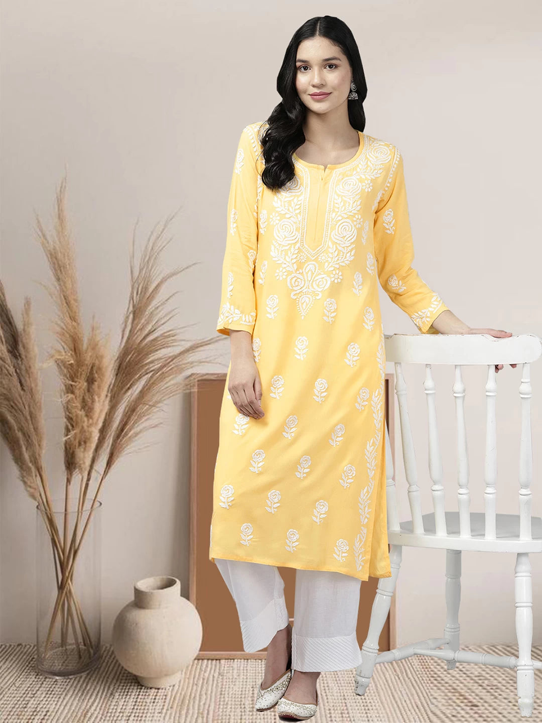 Elegant Yellow Rayon Chikankari Kurta with Hand-Embroidered Rose Motifs