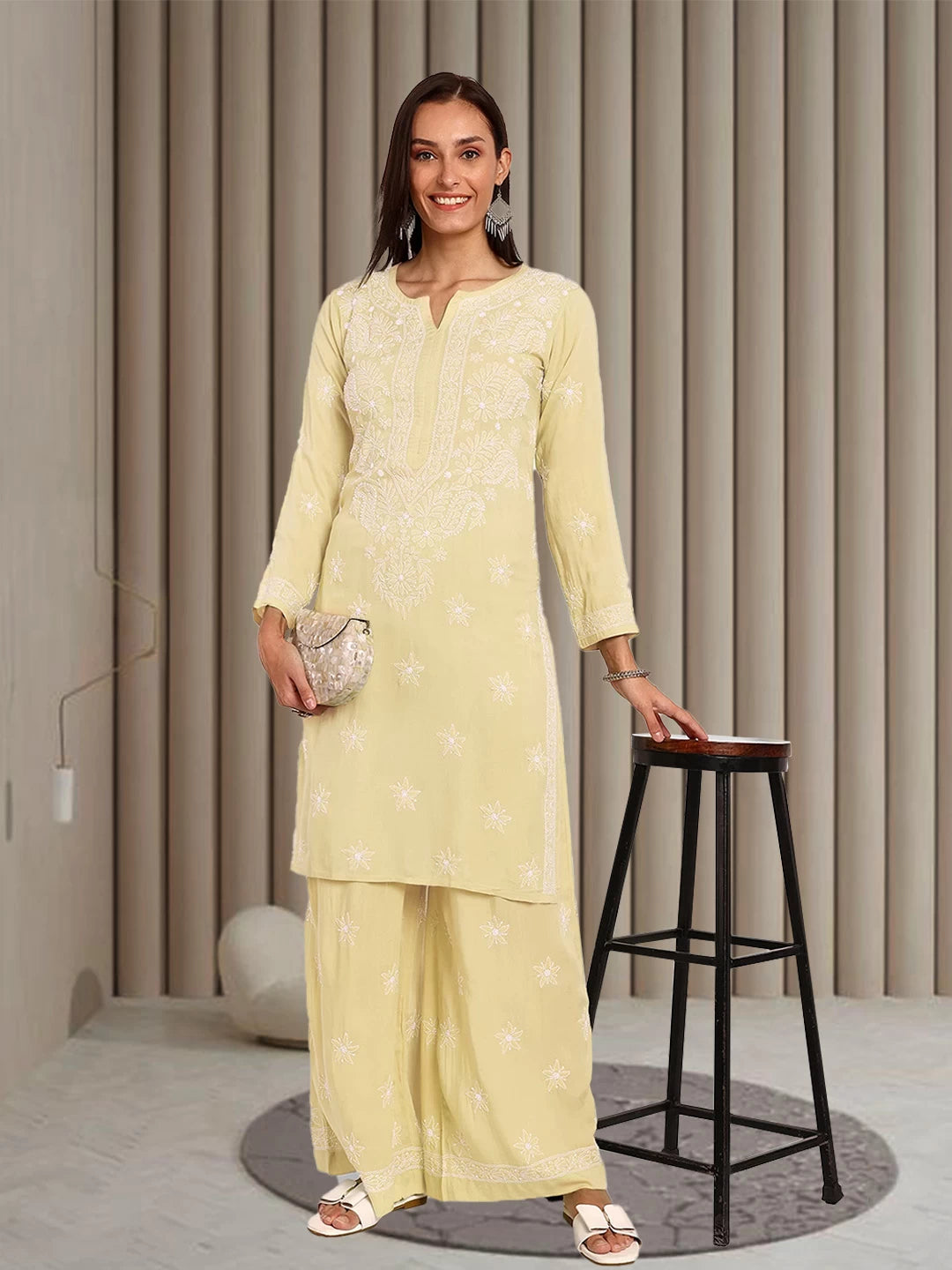 Graceful Hand-Embroidered Modal Chikankari Kurta and Trouser Set