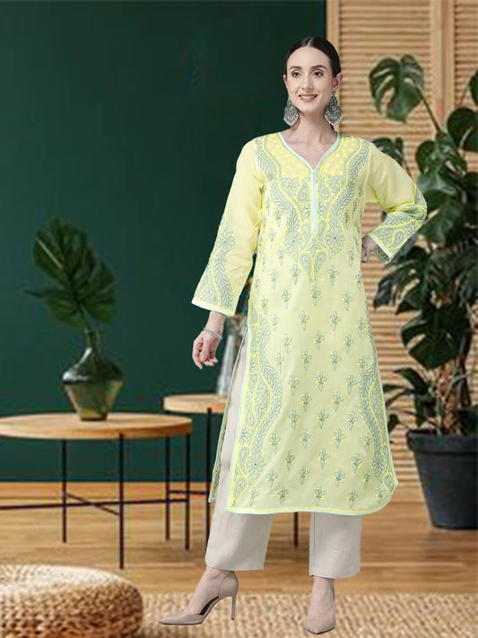 Gracefully Handcrafted Cotton Lucknowi Chikankari Straight Kurta