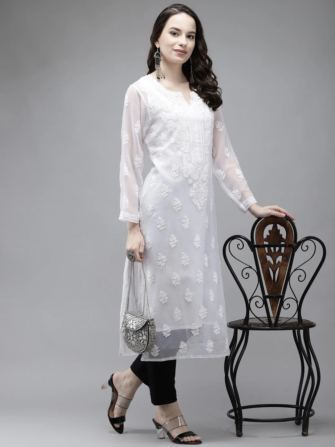 Timeless Handcrafted Chikankari Faux Georgette Kurta and Cotton Trouser Set