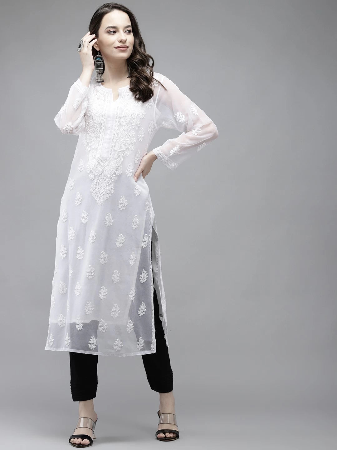 Timeless Handcrafted Chikankari Faux Georgette Kurta and Cotton Trouser Set