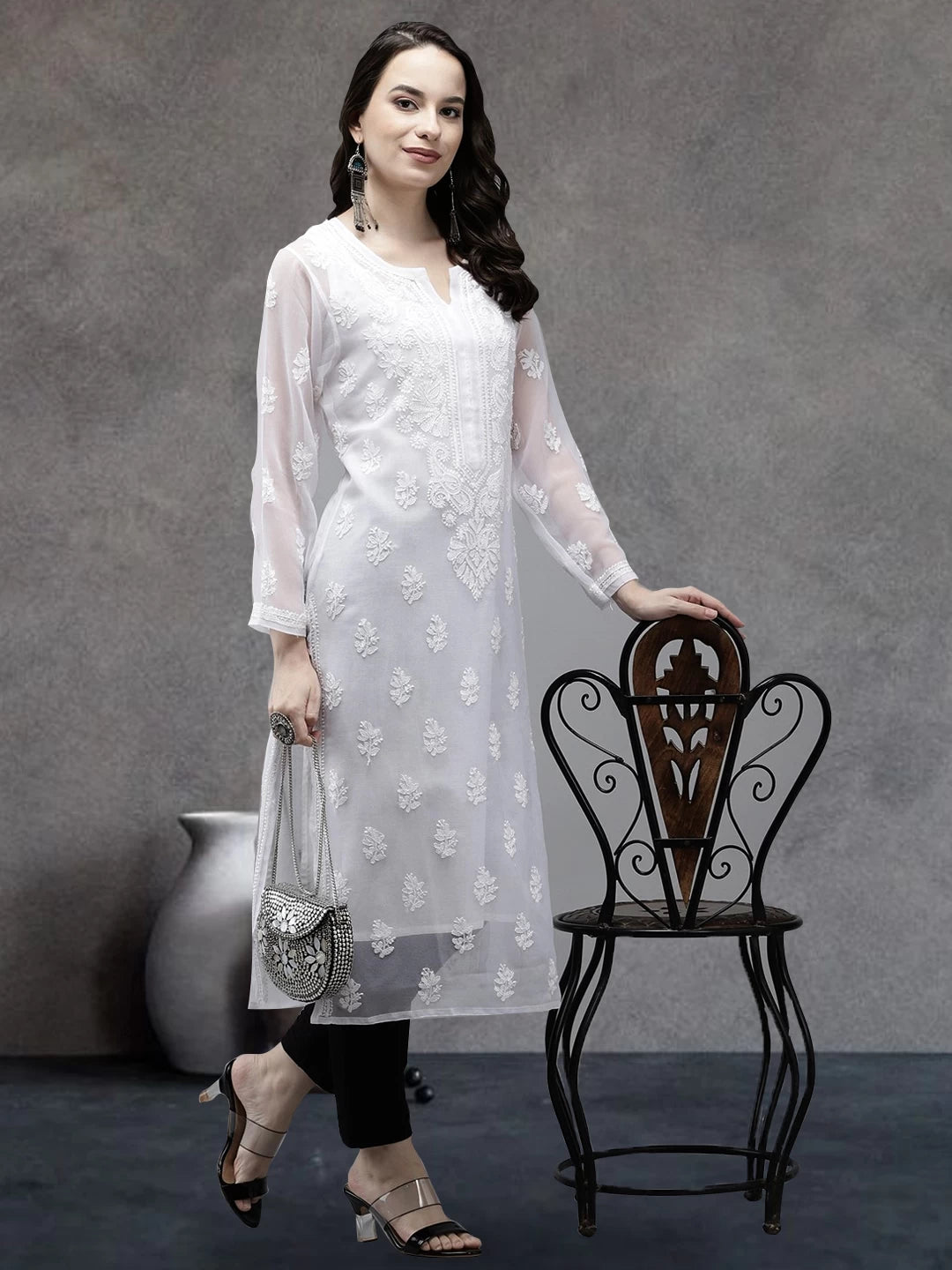 Timeless Handcrafted Chikankari Faux Georgette Kurta and Cotton Trouser Set