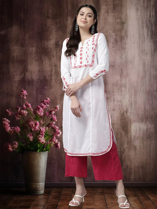 Elegant White Cotton Chikankari Kurta with Carrot Pink Embroidery