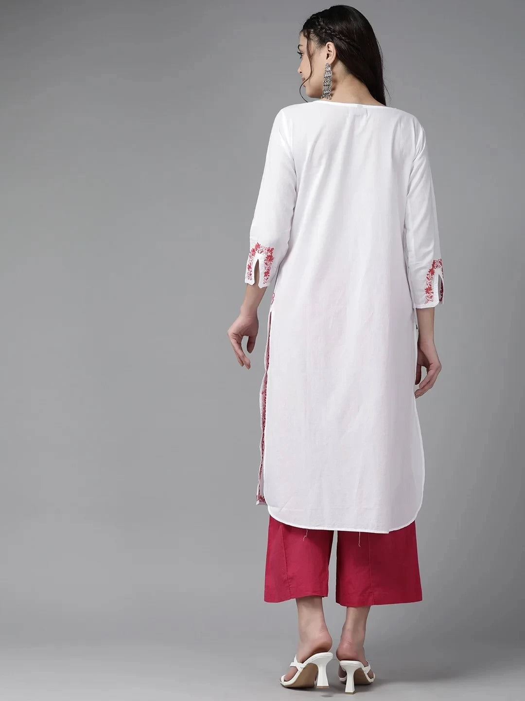 Elegant White Cotton Chikankari Kurta with Carrot Pink Embroidery