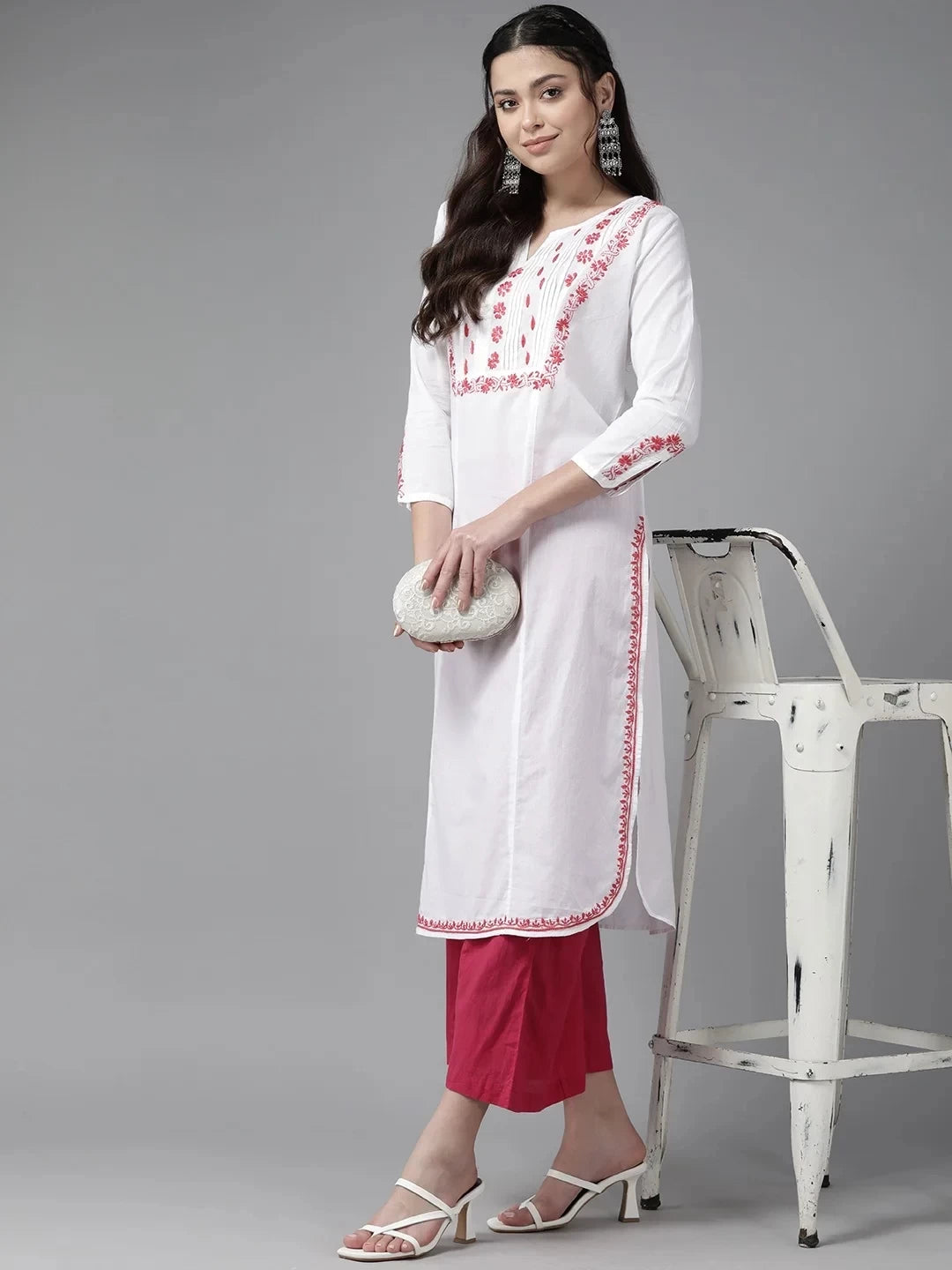 Elegant White Cotton Chikankari Kurta with Carrot Pink Embroidery