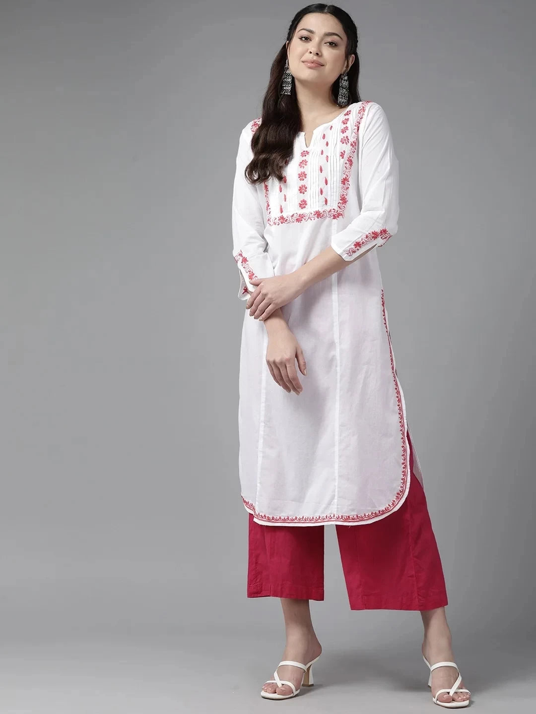 Elegant White Cotton Chikankari Kurta with Carrot Pink Embroidery