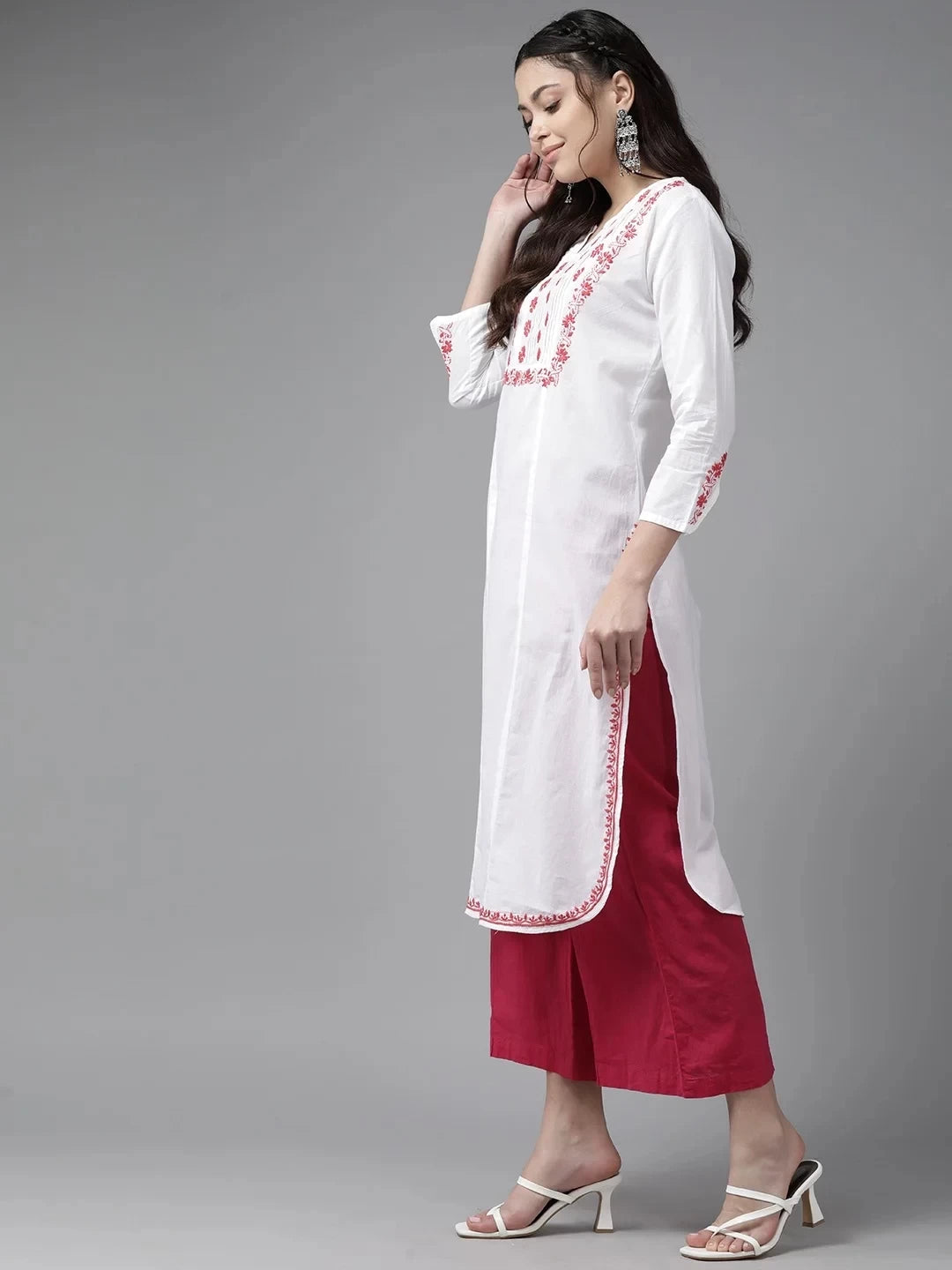 Elegant White Cotton Chikankari Kurta with Carrot Pink Embroidery