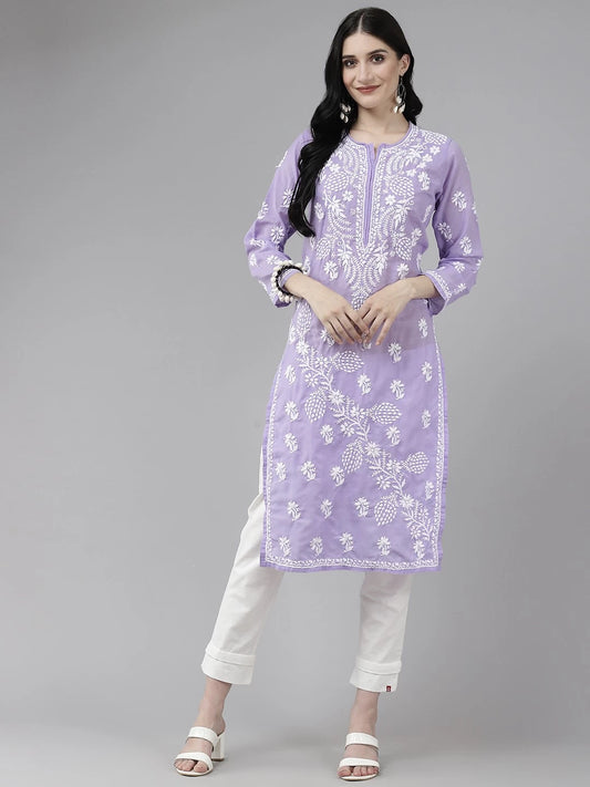 Graceful Hand-Embroidered Cotton Lucknowi Chikankari Straight Kurta