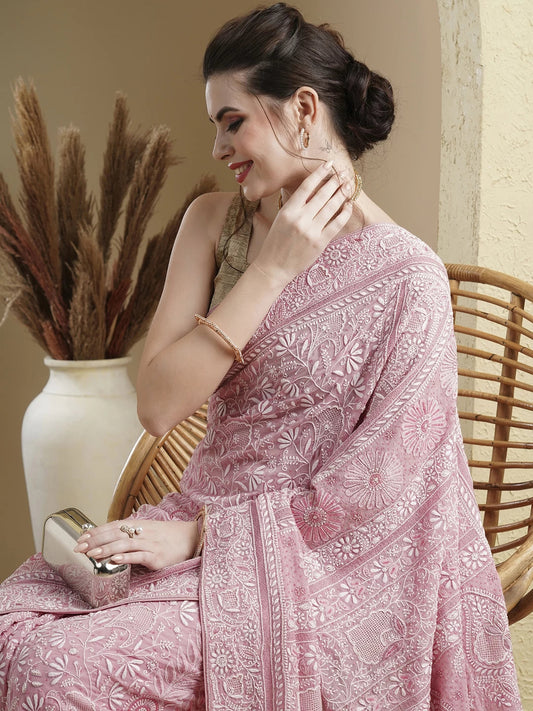 Celebrate Tradition with LabelChikankari’s Pink Hand-Embroidered Georgette Saree