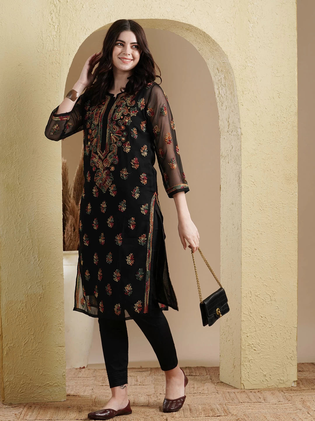 Timeless Handcrafted Chikankari Faux Georgette Kurta and Cotton Trouser Set