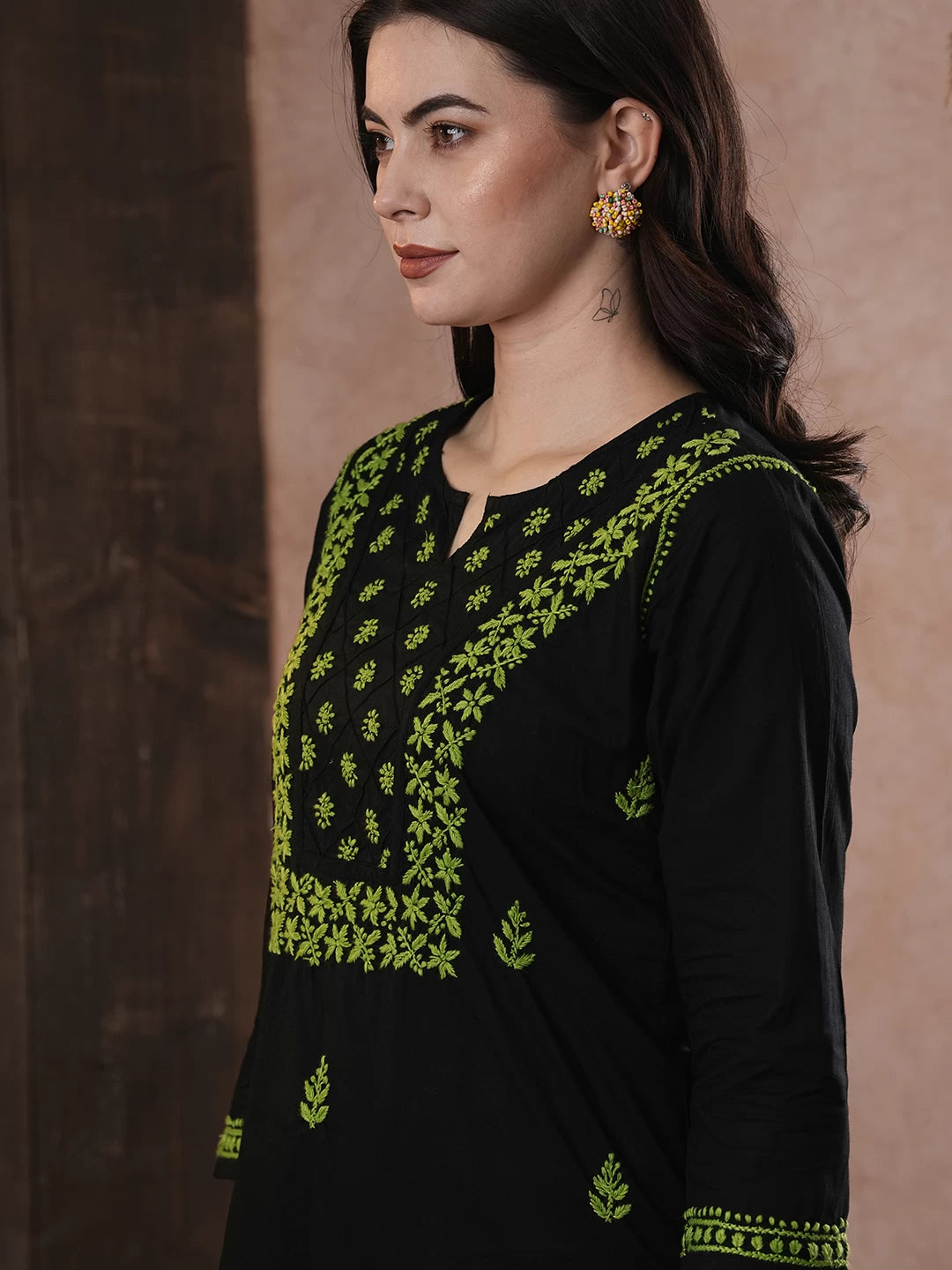 Elegant Black Cotton Chikan Kurti with Red Hand Embroidery