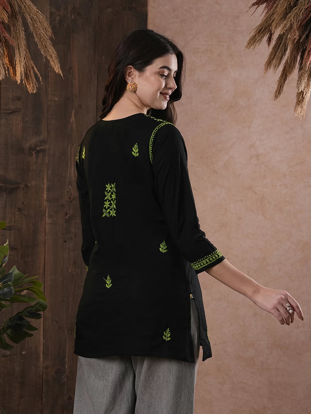 Elegant Black Cotton Chikan Kurti with Red Hand Embroidery