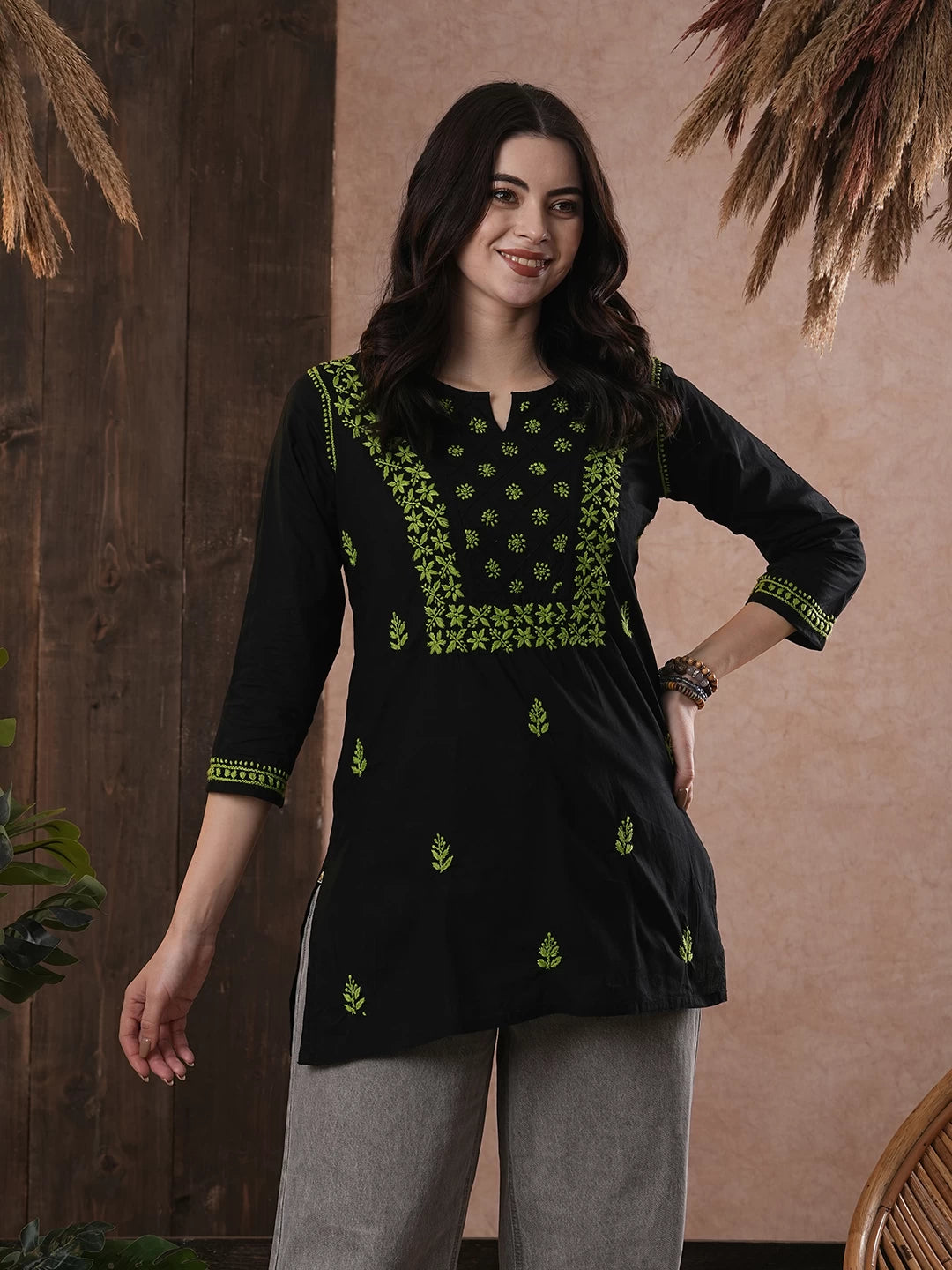 Elegant Black Cotton Chikan Kurti with Red Hand Embroidery