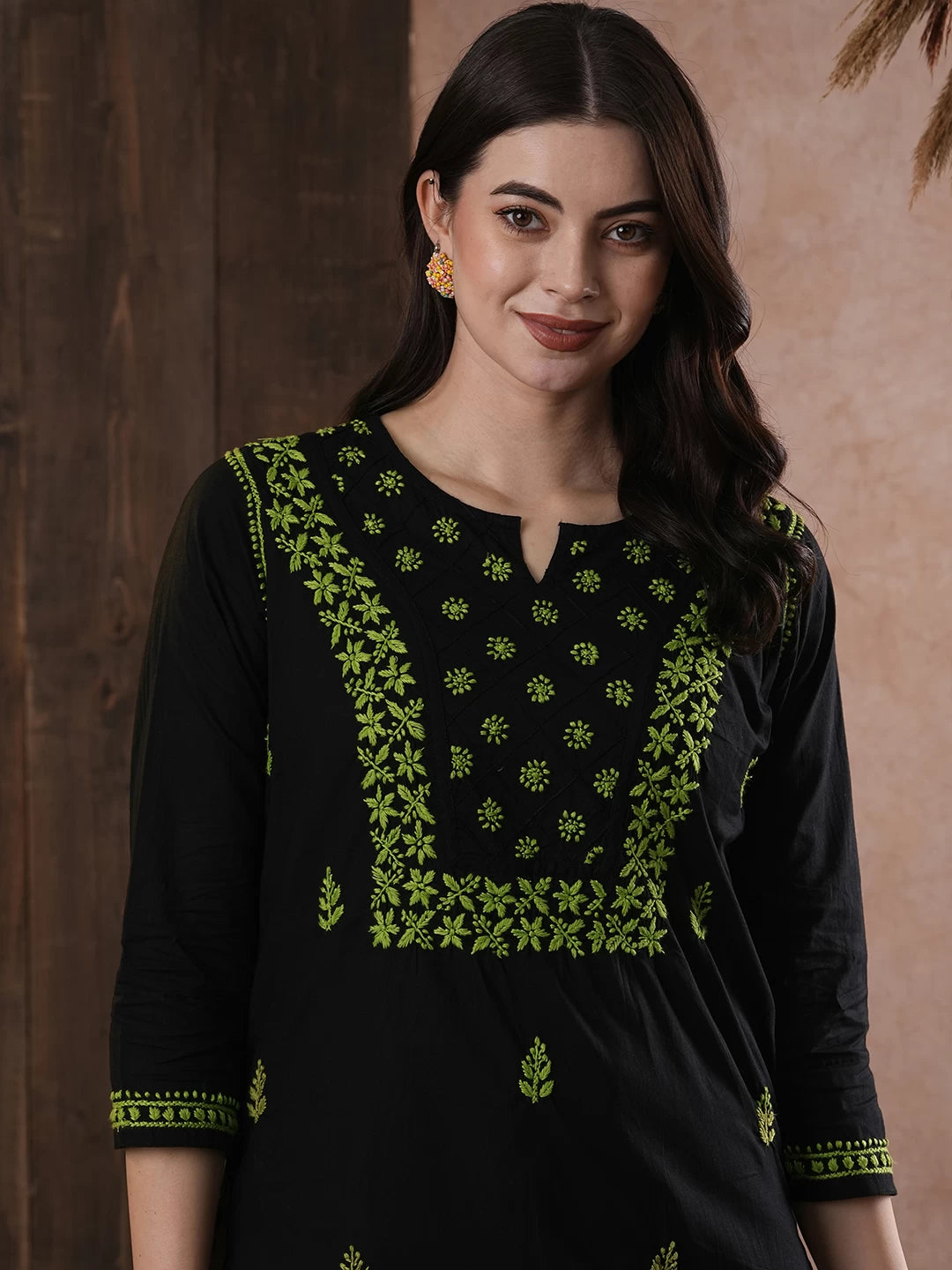 Elegant Black Cotton Chikan Kurti with Red Hand Embroidery