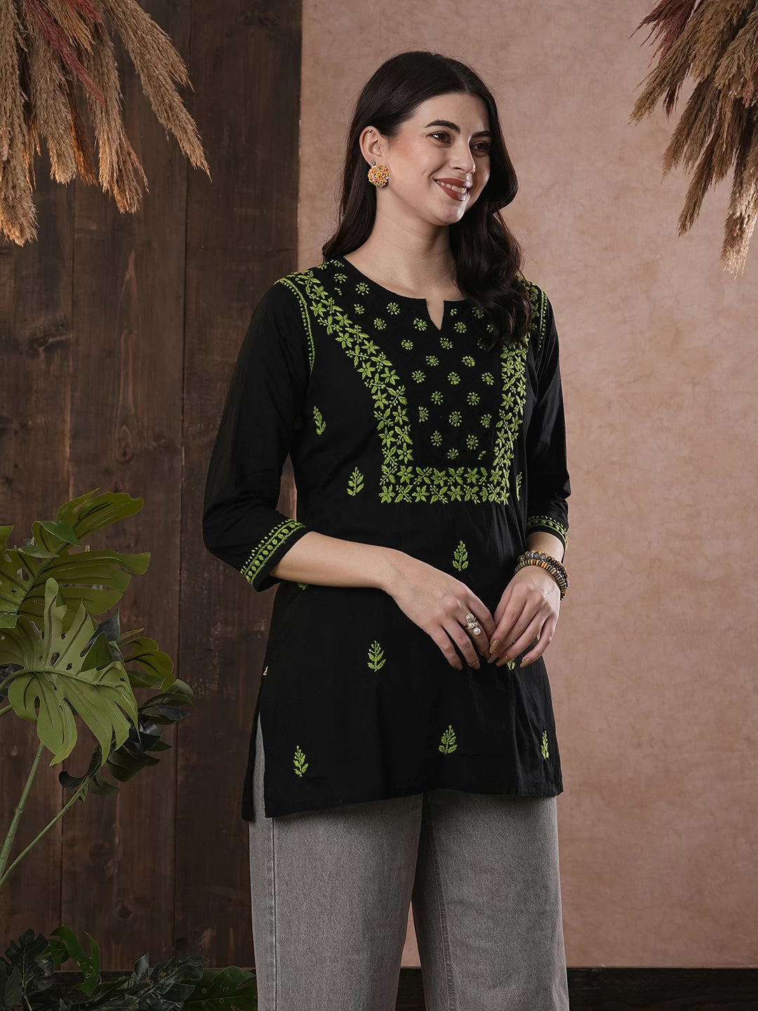 Elegant Black Cotton Chikan Kurti with Red Hand Embroidery