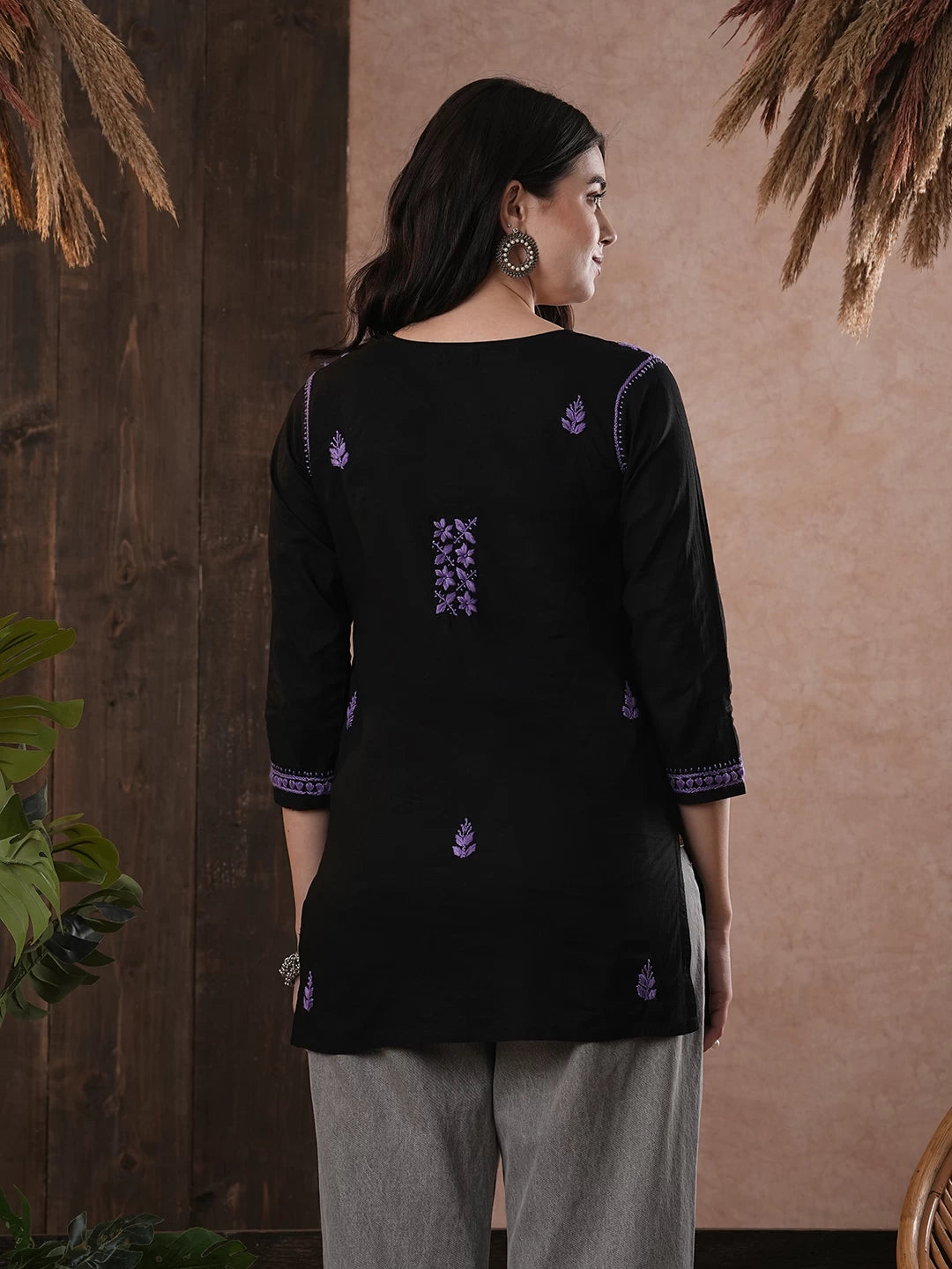 Elegant Black Cotton Chikan Kurti with Red Hand Embroidery