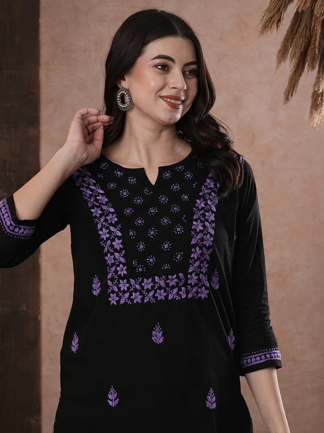 Elegant Black Cotton Chikan Kurti with Red Hand Embroidery