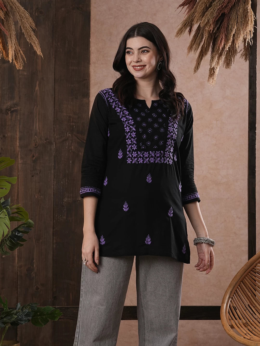 Elegant Black Cotton Chikan Kurti with Red Hand Embroidery