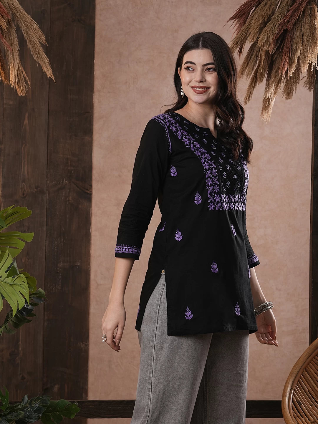 Elegant Black Cotton Chikan Kurti with Red Hand Embroidery