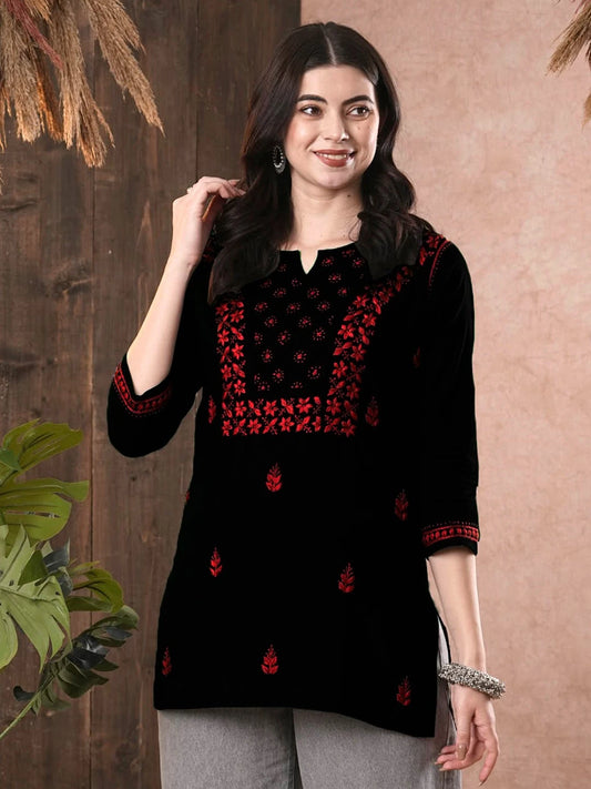 Elegant Black Cotton Chikan Kurti with Red Hand Embroidery