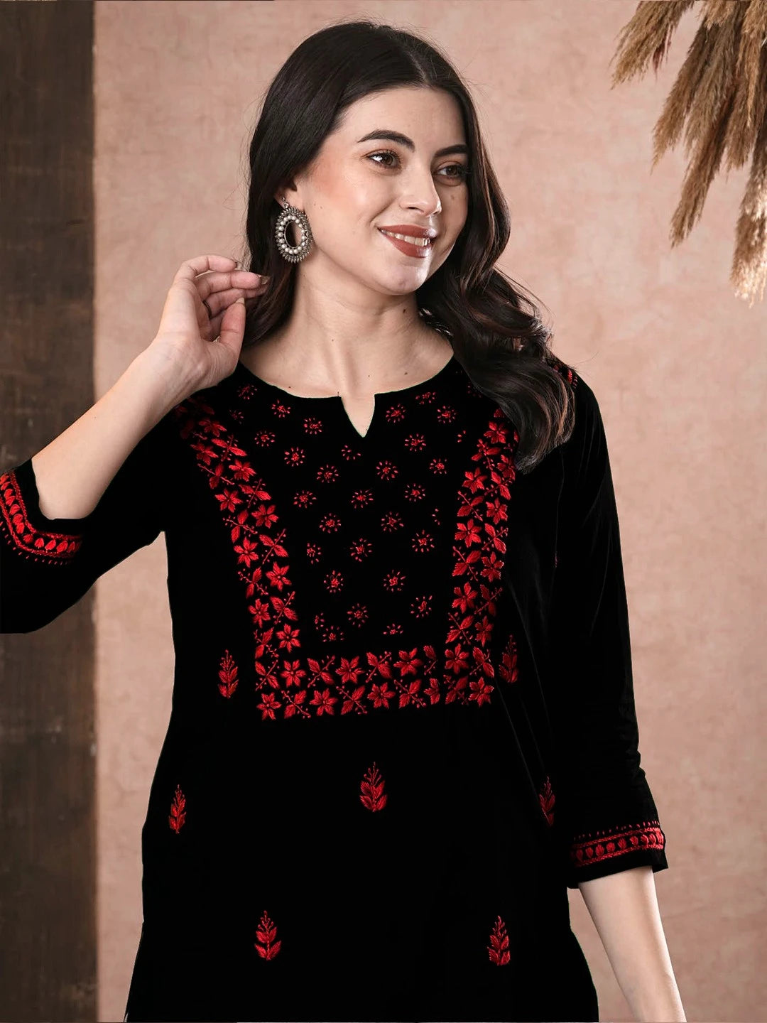 Elegant Black Cotton Chikan Kurti with Red Hand Embroidery