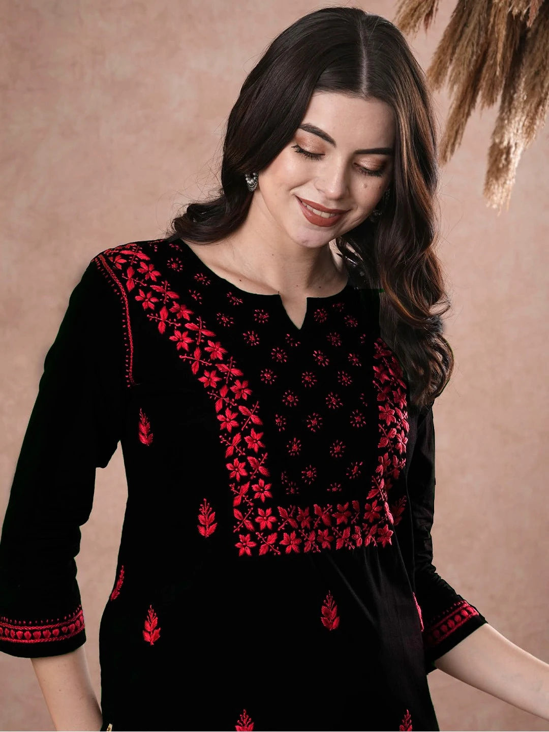 Elegant Black Cotton Chikan Kurti with Red Hand Embroidery