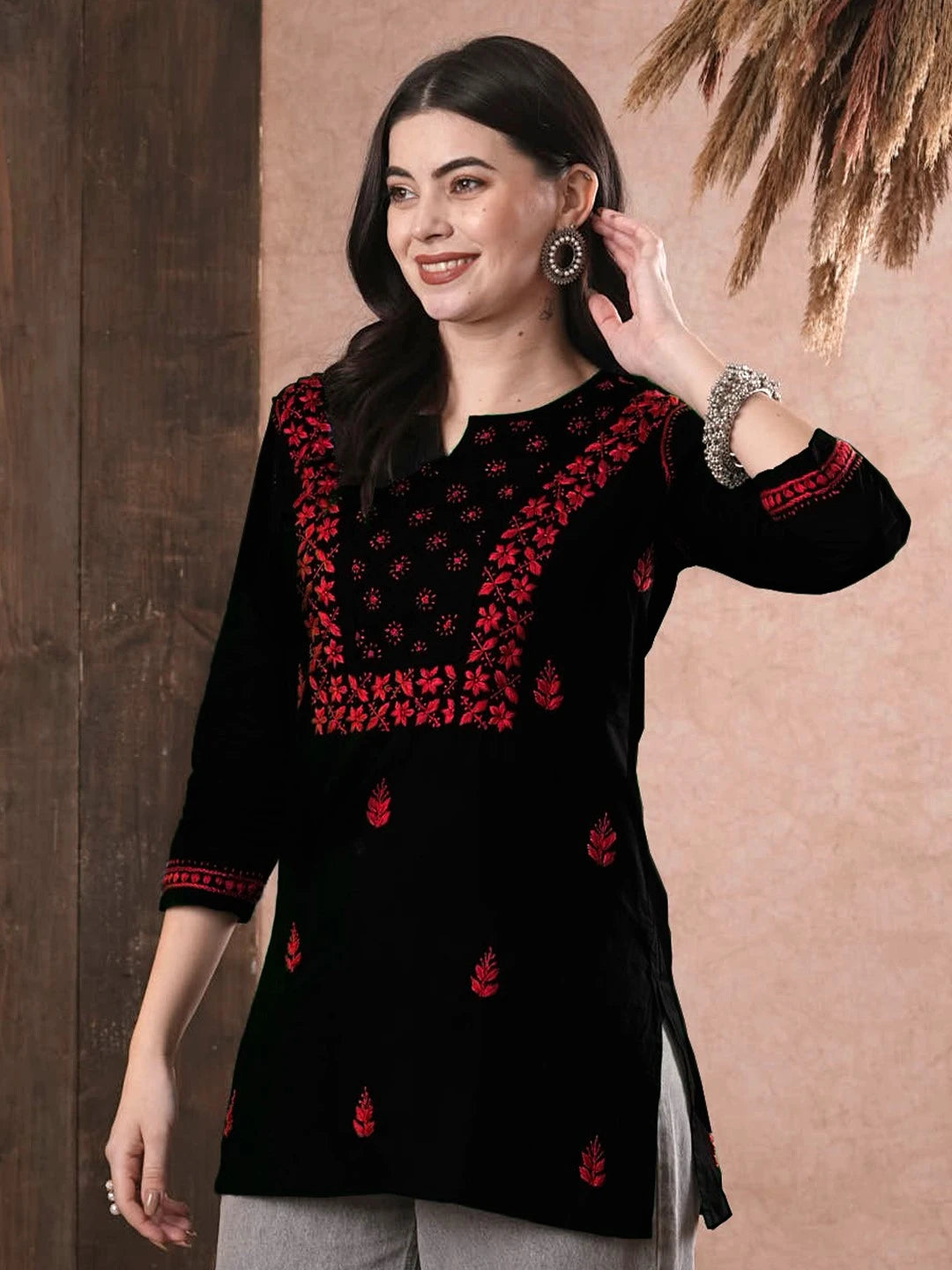 Elegant Black Cotton Chikan Kurti with Red Hand Embroidery