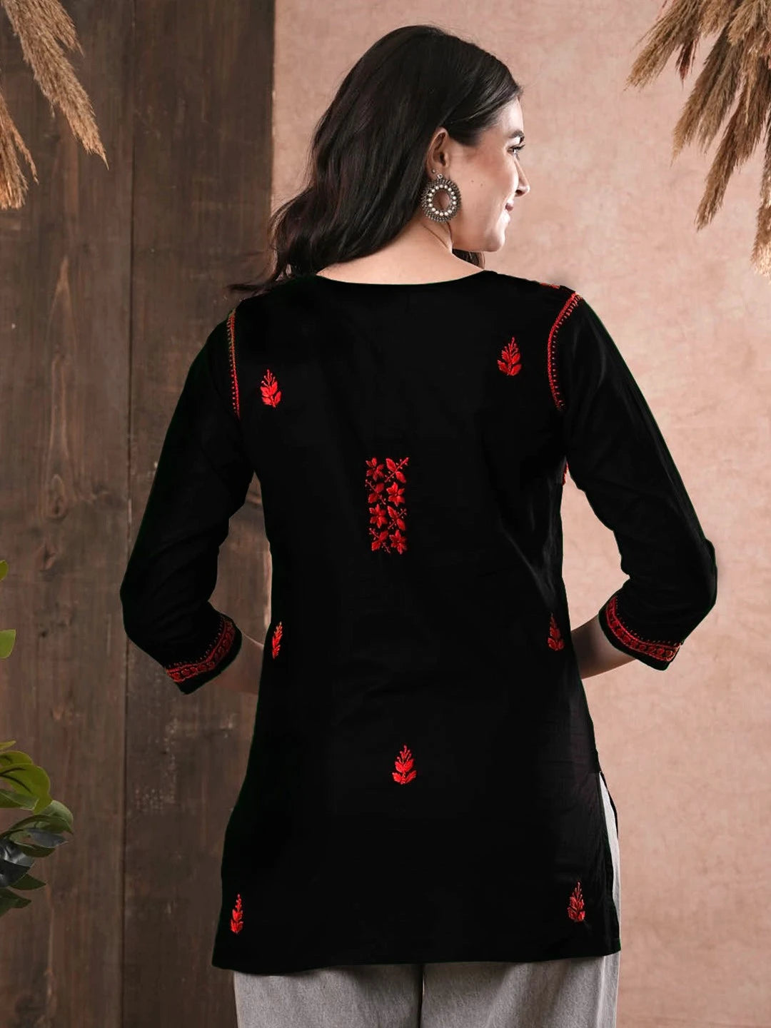 Elegant Black Cotton Chikan Kurti with Red Hand Embroidery