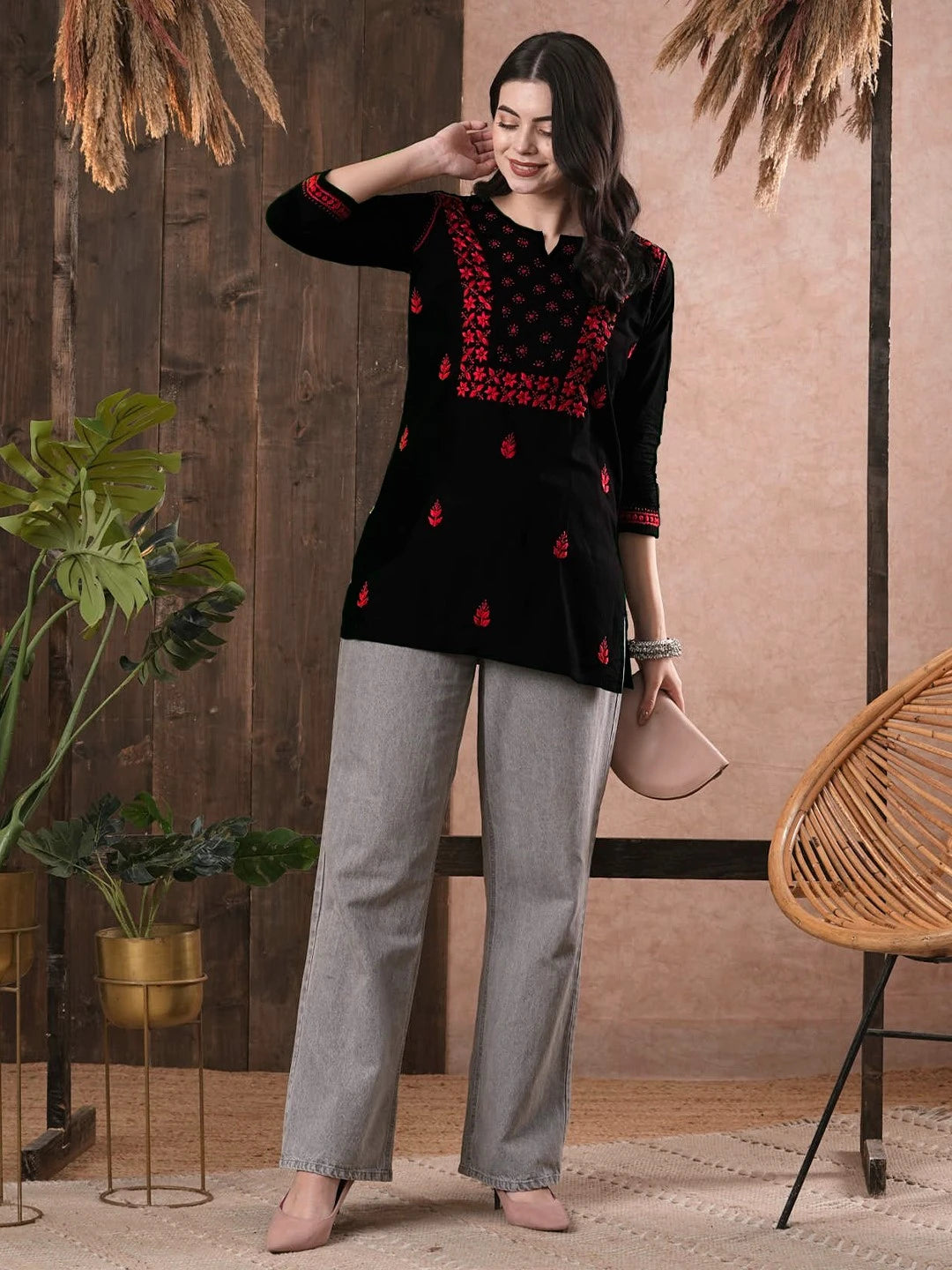 Elegant Black Cotton Chikan Kurti with Red Hand Embroidery