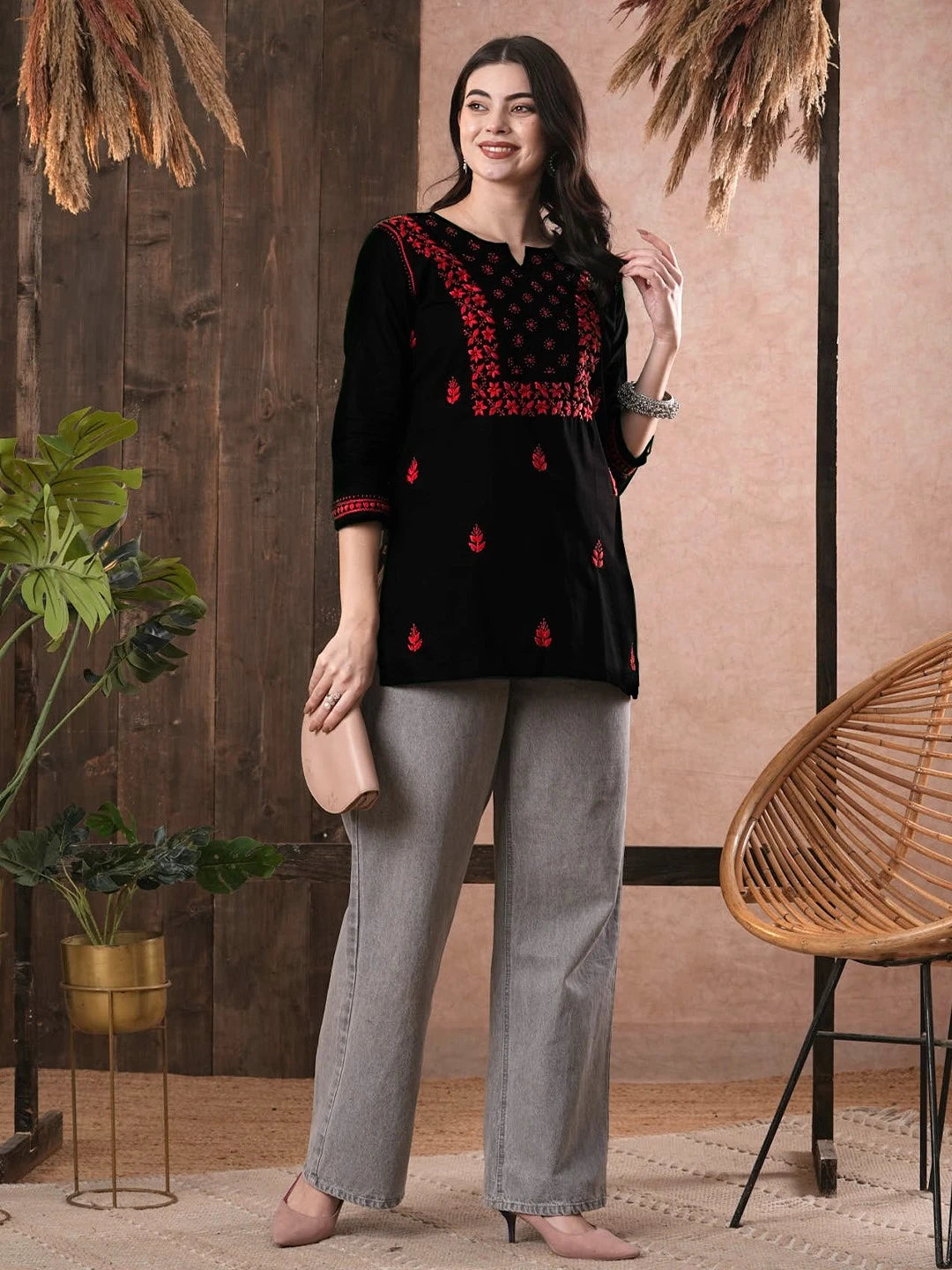 Elegant Black Cotton Chikan Kurti with Red Hand Embroidery