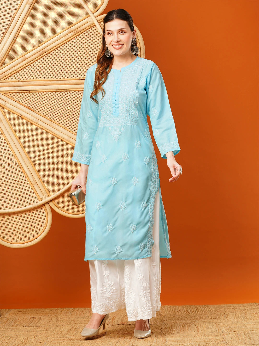 Exquisite Hand-Embroidered Cotton Lucknowi Chikankari Kurta with Palazzo Set