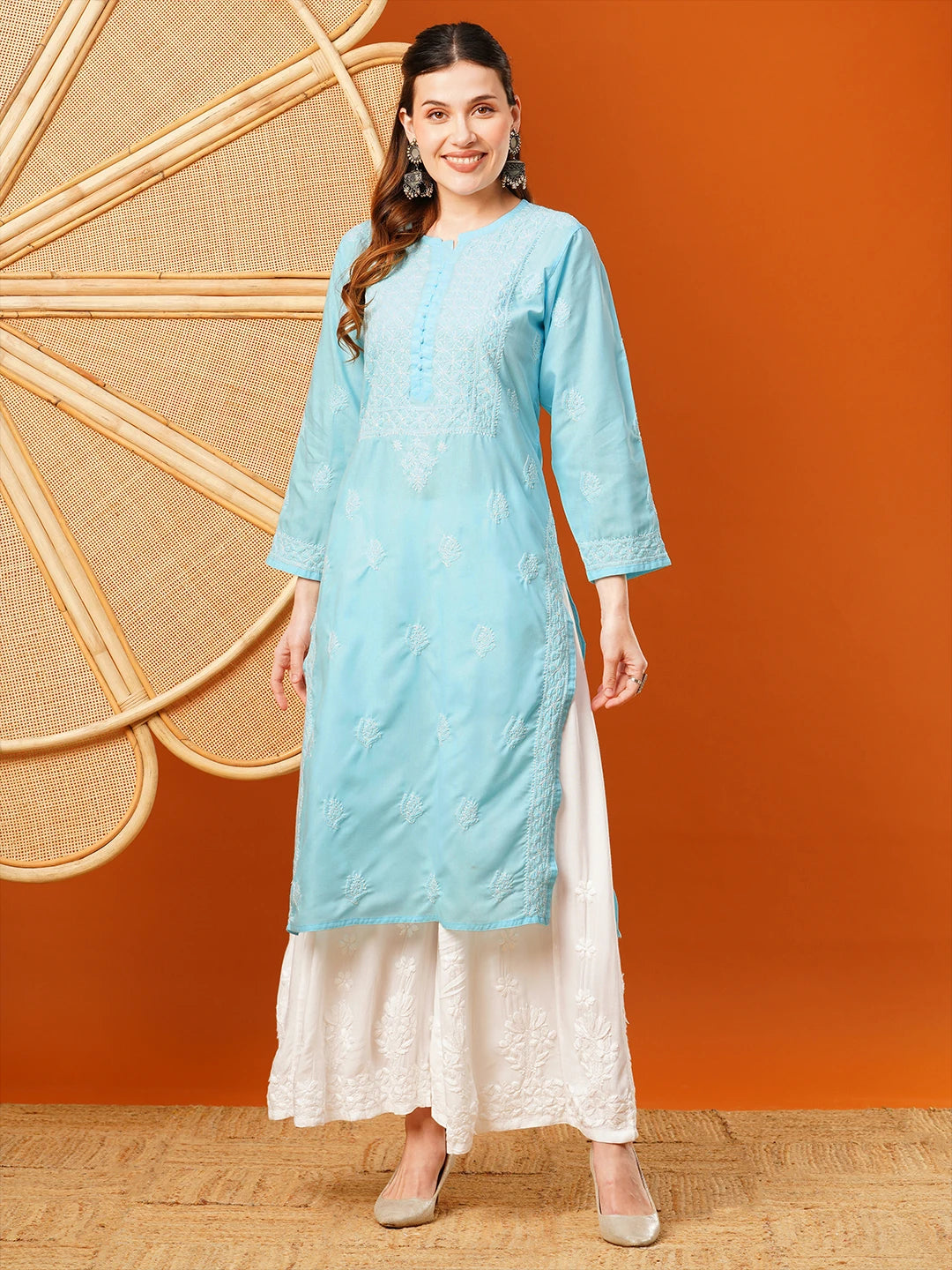 Exquisite Hand-Embroidered Cotton Lucknowi Chikankari Kurta with Palazzo Set