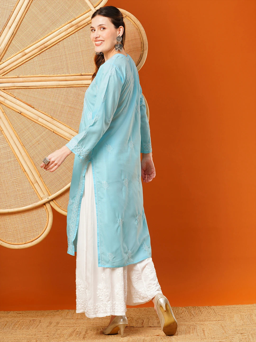 Exquisite Hand-Embroidered Cotton Lucknowi Chikankari Kurta with Palazzo Set