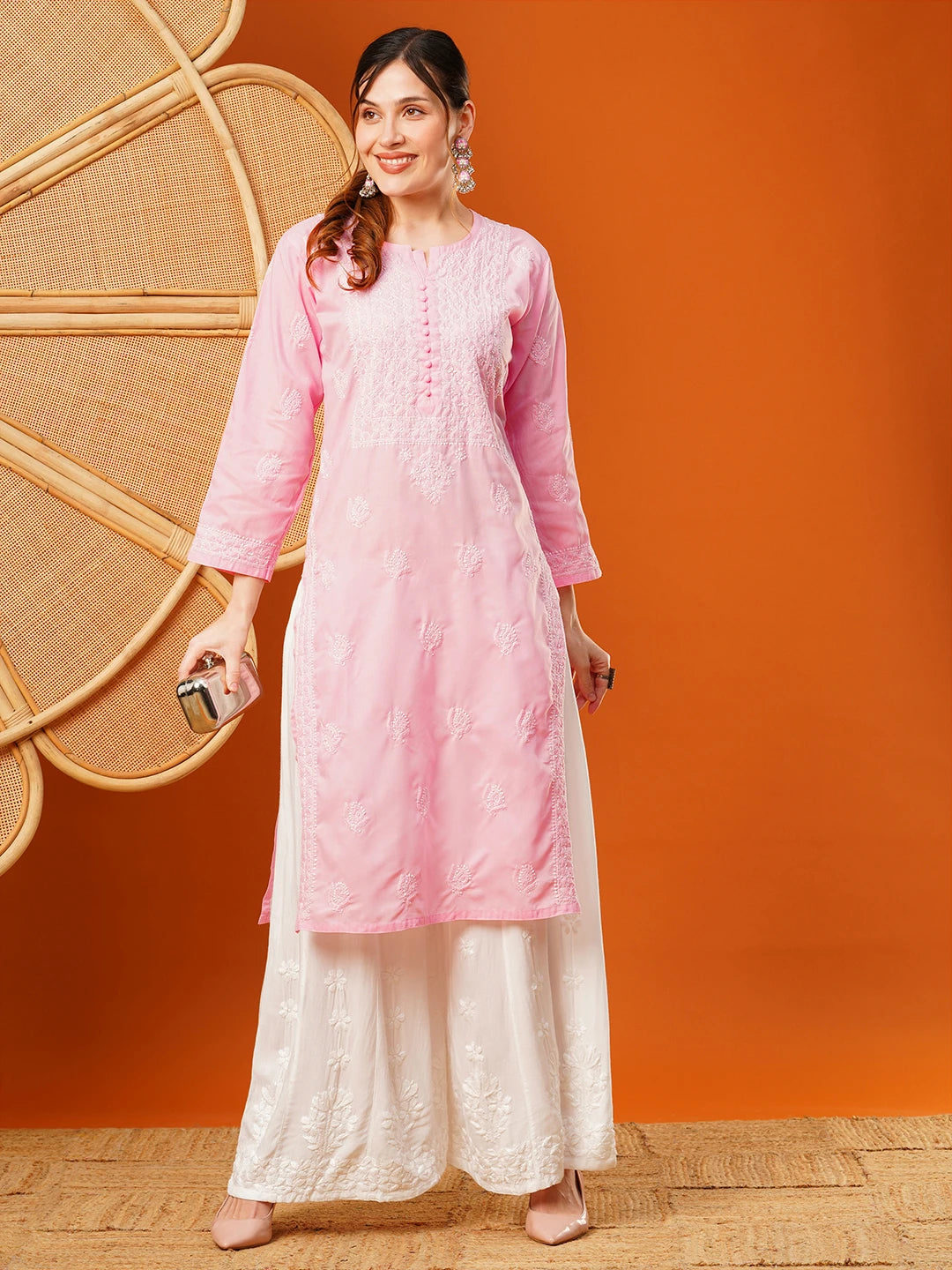 Exquisite Hand-Embroidered Cotton Lucknowi Chikankari Kurta with Palazzo Set