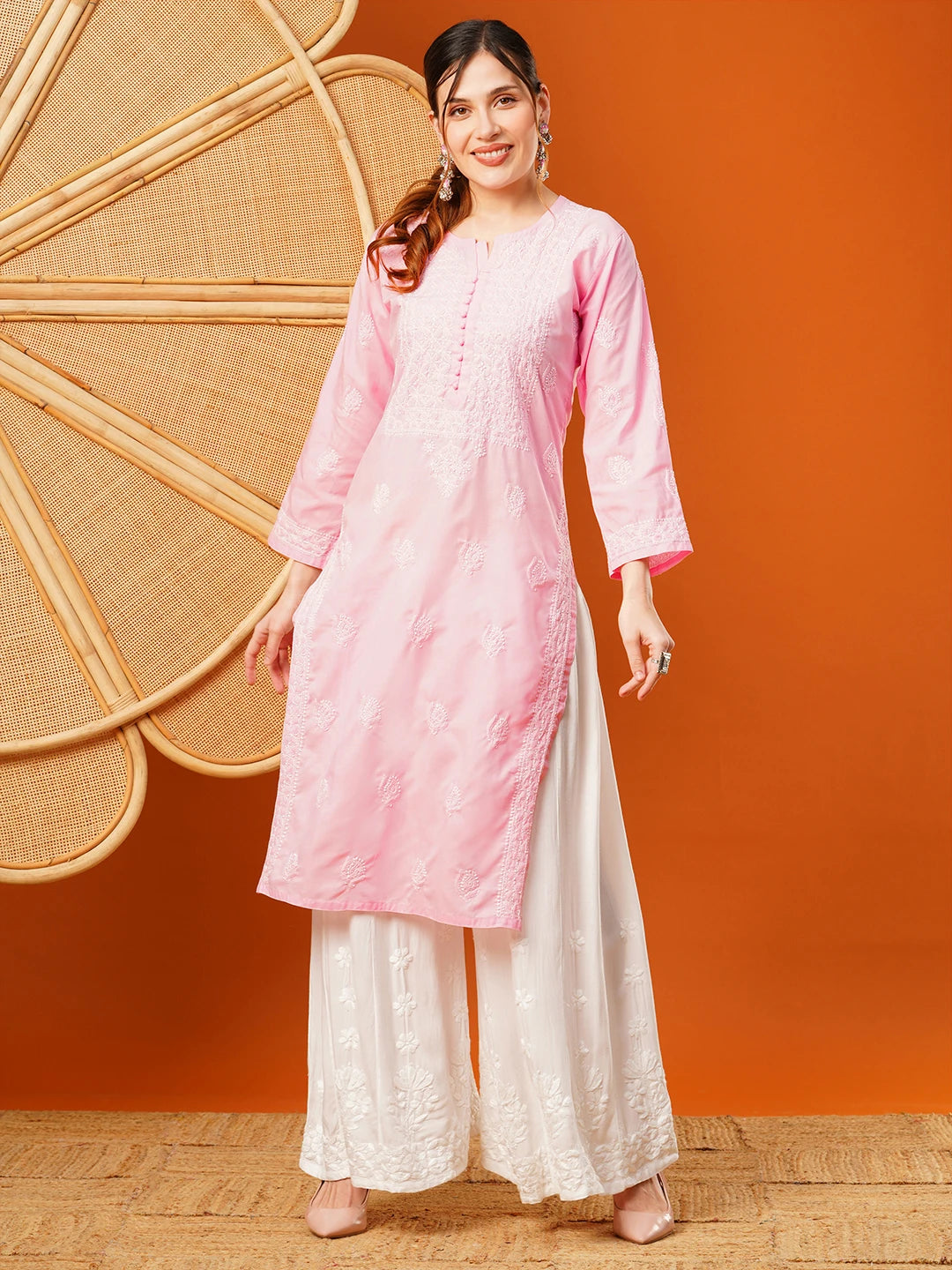 Exquisite Hand-Embroidered Cotton Lucknowi Chikankari Kurta with Palazzo Set