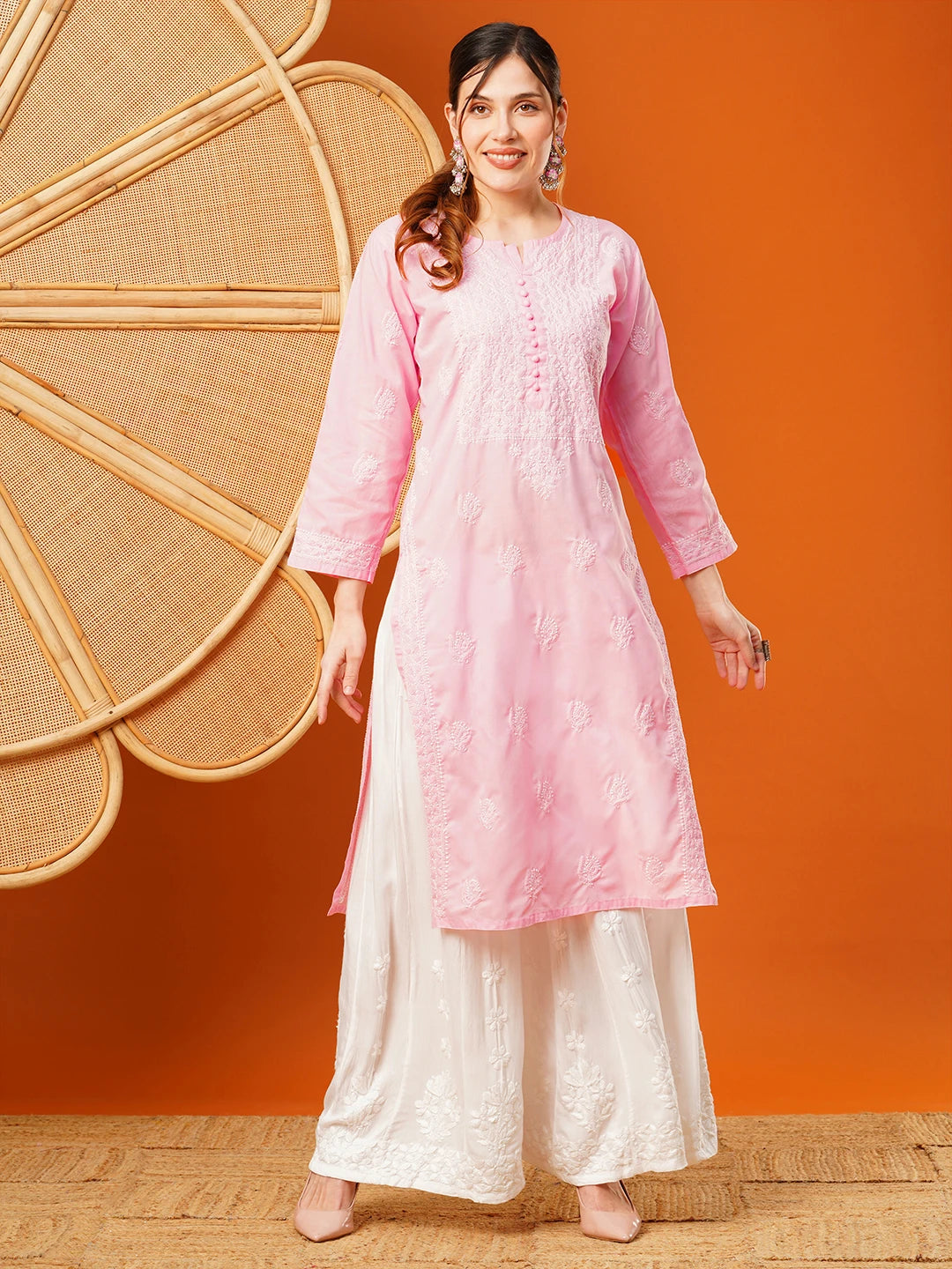 Exquisite Hand-Embroidered Cotton Lucknowi Chikankari Kurta with Palazzo Set