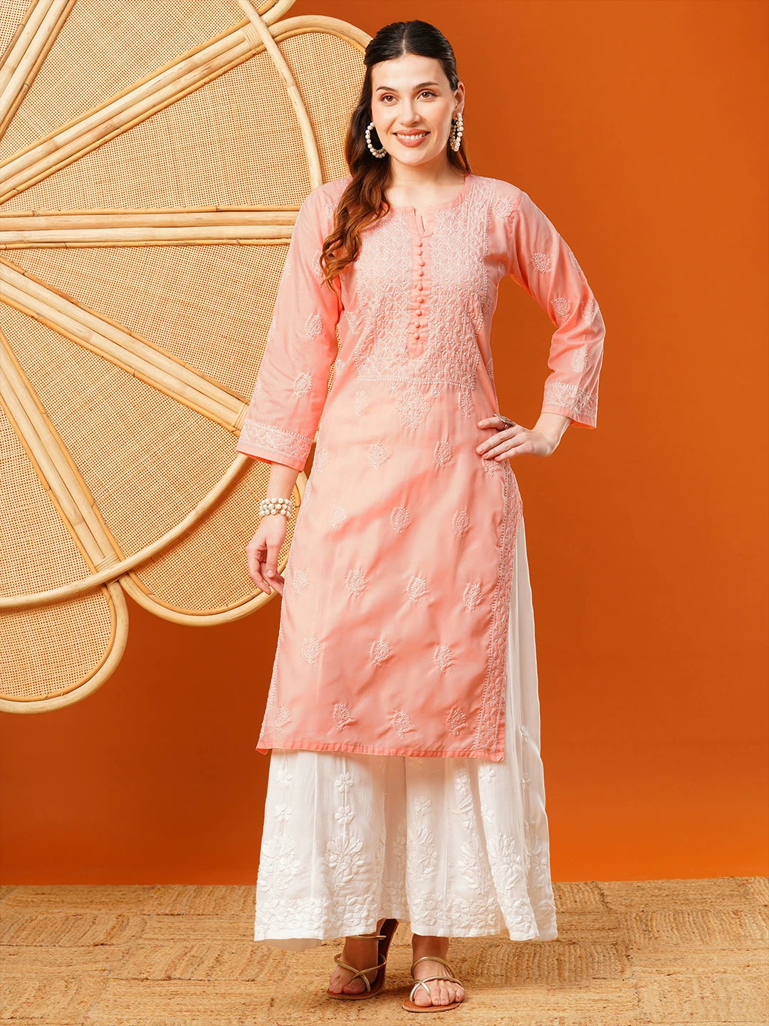 Exquisite Hand-Embroidered Cotton Lucknowi Chikankari Kurta with Palazzo Set