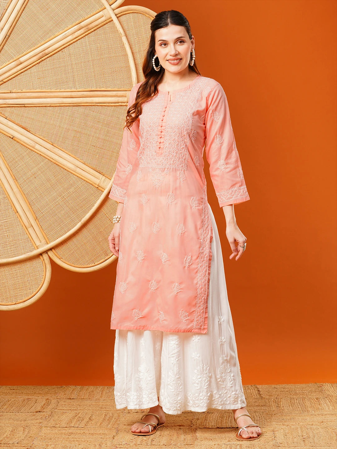 Exquisite Hand-Embroidered Cotton Lucknowi Chikankari Kurta with Palazzo Set