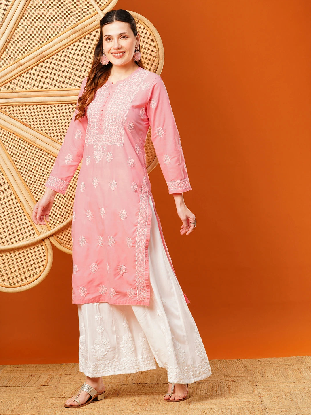 Exquisite Hand-Embroidered Cotton Lucknowi Chikankari Kurta with Palazzo Set