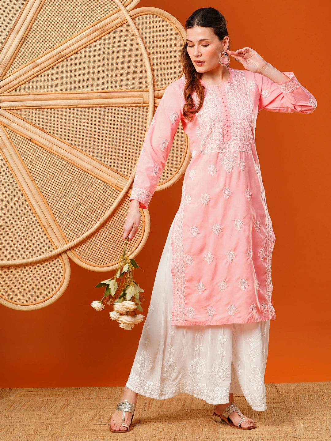 Exquisite Hand-Embroidered Cotton Lucknowi Chikankari Kurta with Palazzo Set