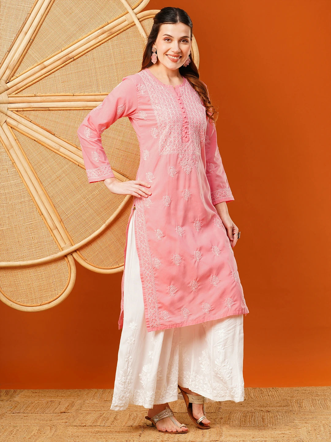 Exquisite Hand-Embroidered Cotton Lucknowi Chikankari Kurta with Palazzo Set