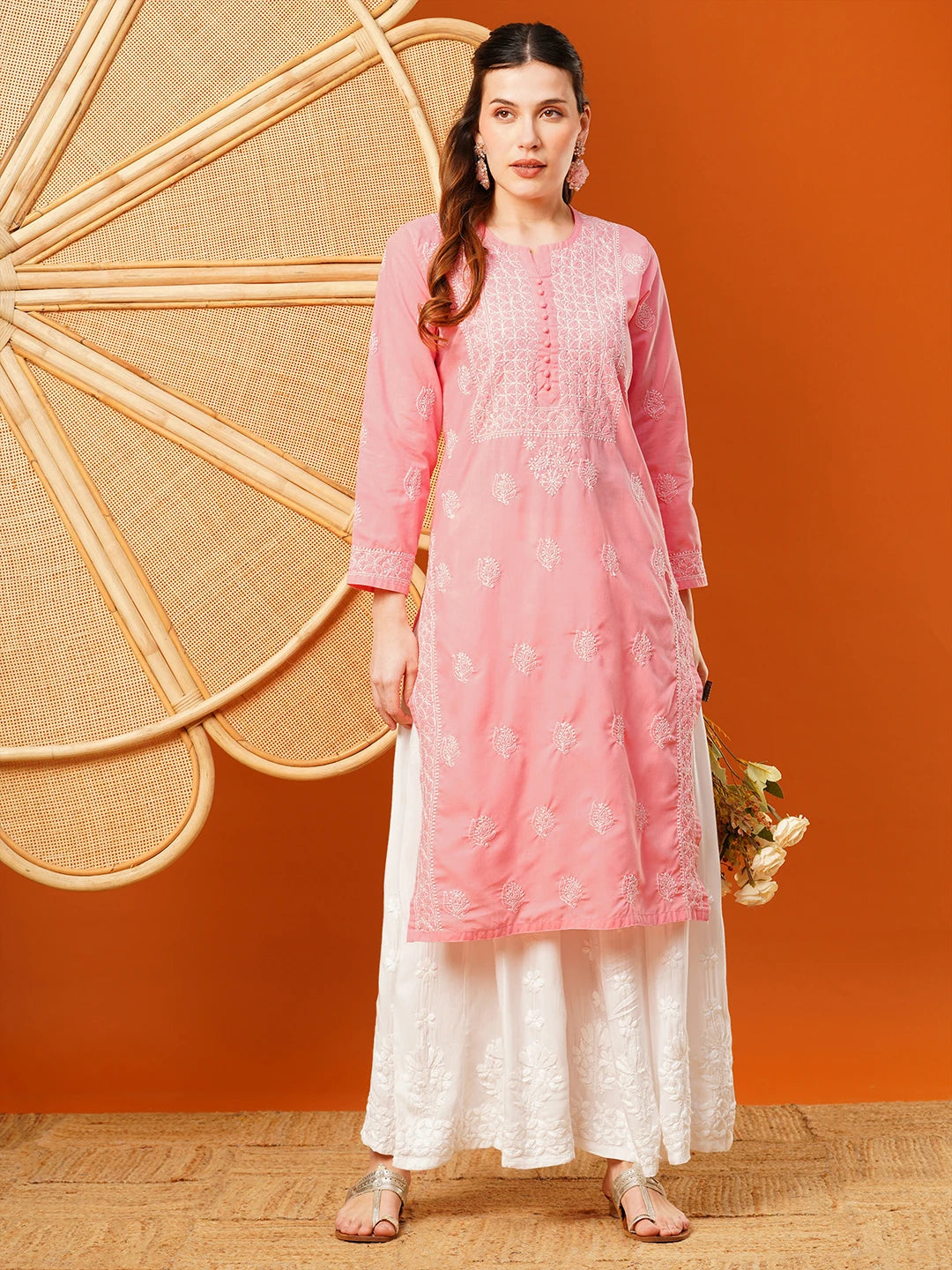 Exquisite Hand-Embroidered Cotton Lucknowi Chikankari Kurta with Palazzo Set