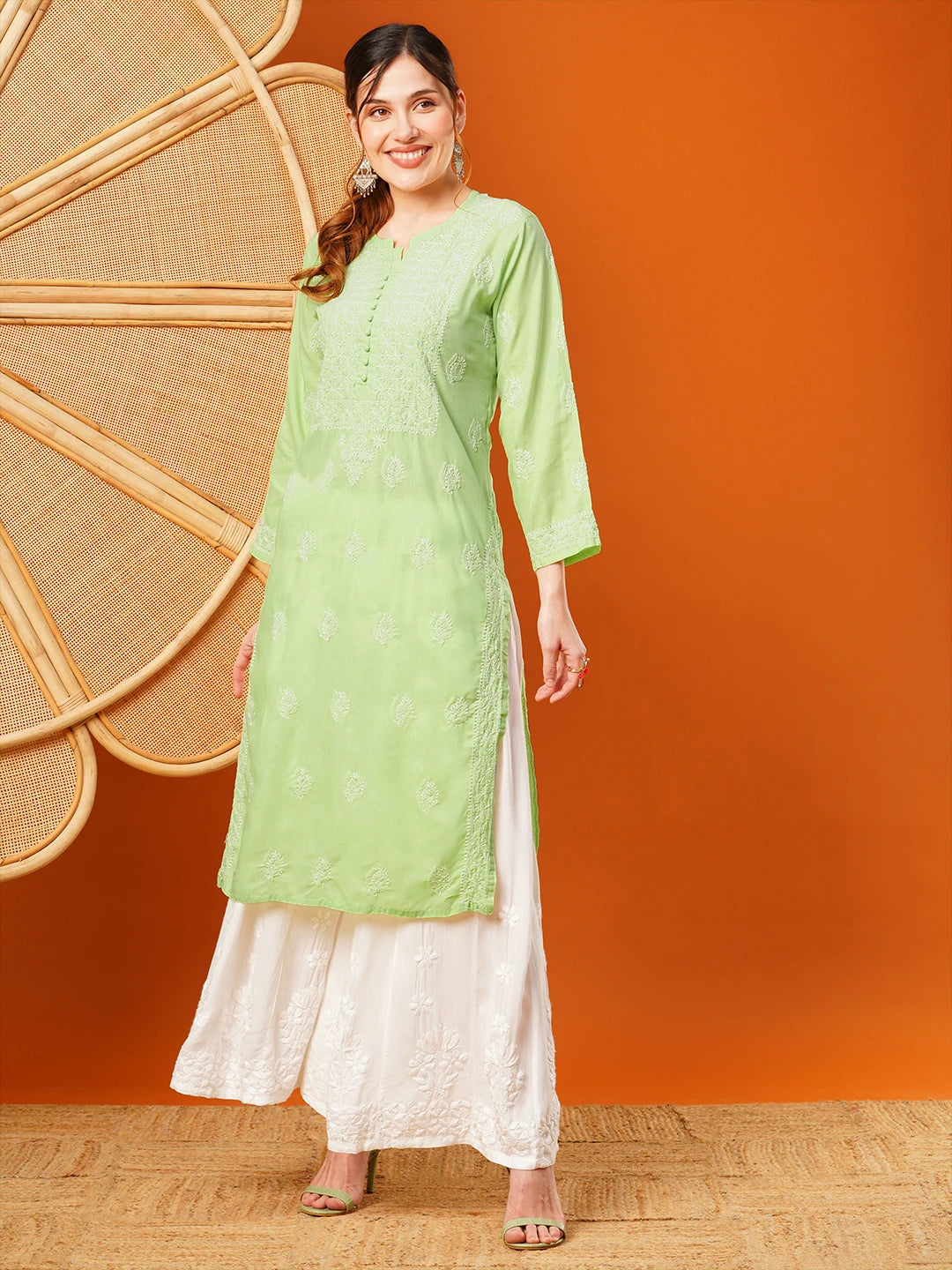 Exquisite Hand-Embroidered Cotton Lucknowi Chikankari Kurta with Palazzo Set