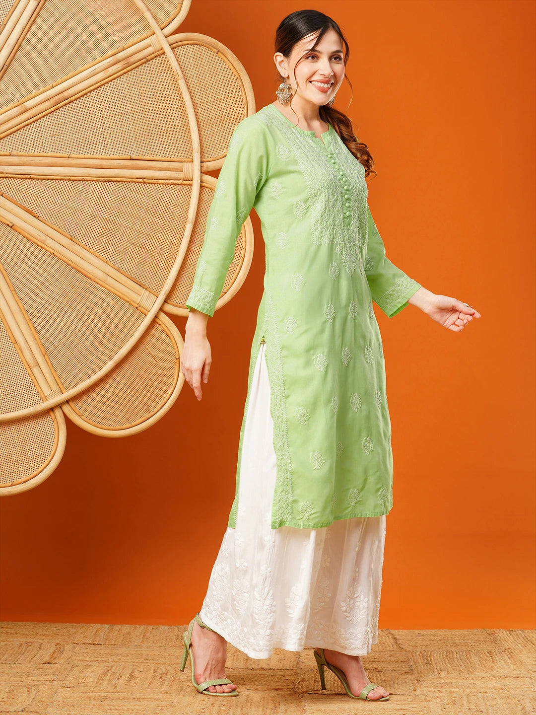 Exquisite Hand-Embroidered Cotton Lucknowi Chikankari Kurta with Palazzo Set