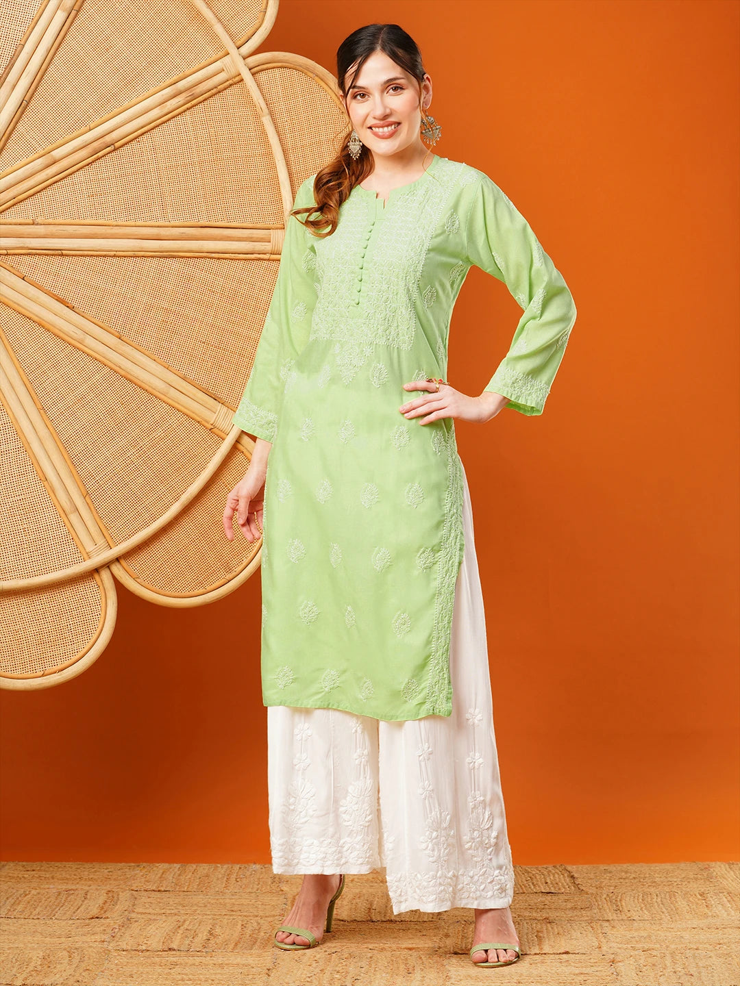 Exquisite Hand-Embroidered Cotton Lucknowi Chikankari Kurta with Palazzo Set