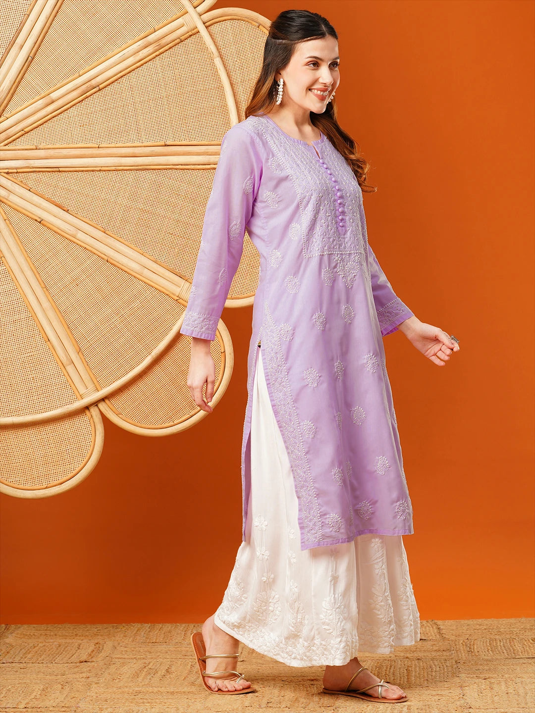 Exquisite Hand-Embroidered Cotton Lucknowi Chikankari Kurta with Palazzo Set