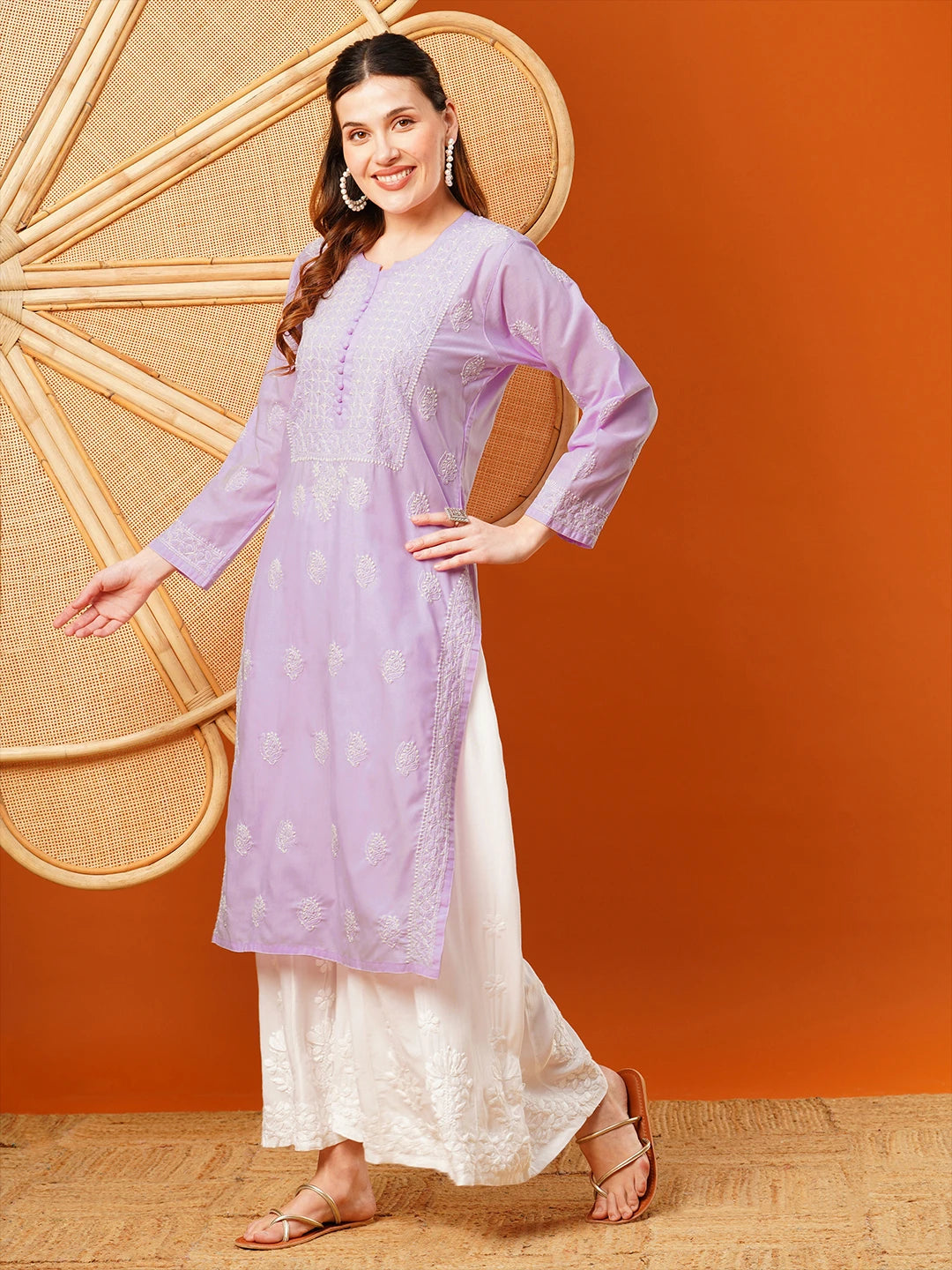 Exquisite Hand-Embroidered Cotton Lucknowi Chikankari Kurta with Palazzo Set