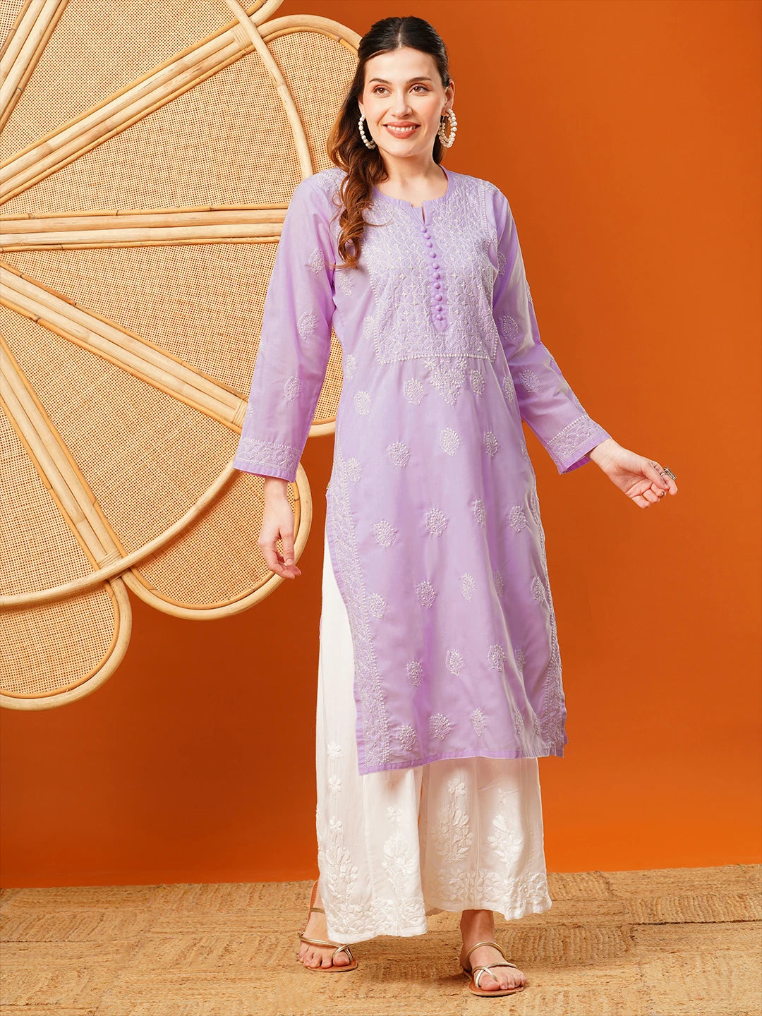 Exquisite Hand-Embroidered Cotton Lucknowi Chikankari Kurta with Palazzo Set